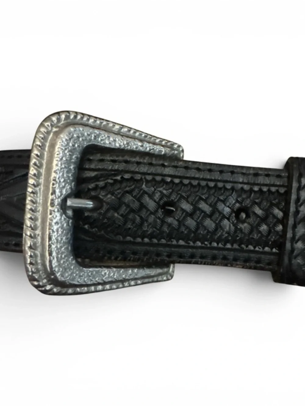 Kids Black Textured Leather Belt with Silver Colored Buckle & Stitched Design